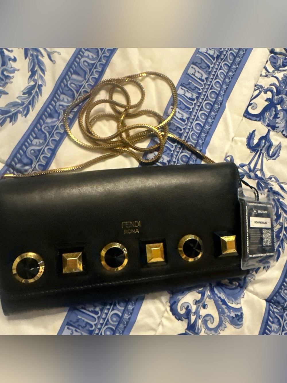Fendi Roma Black Leather Studded Wallet on a Chain Crossbody with COA